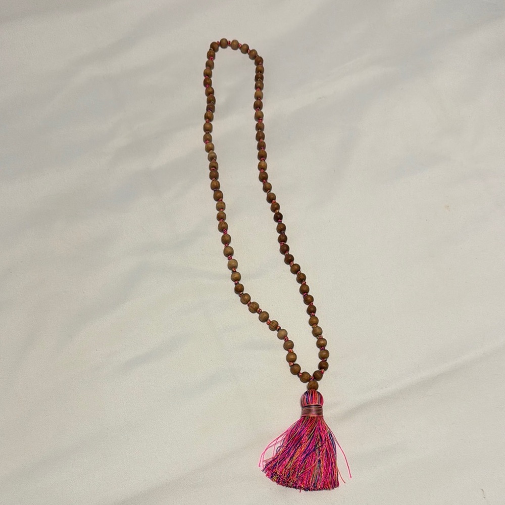 Brown Beaded Necklace with Pink Tassel